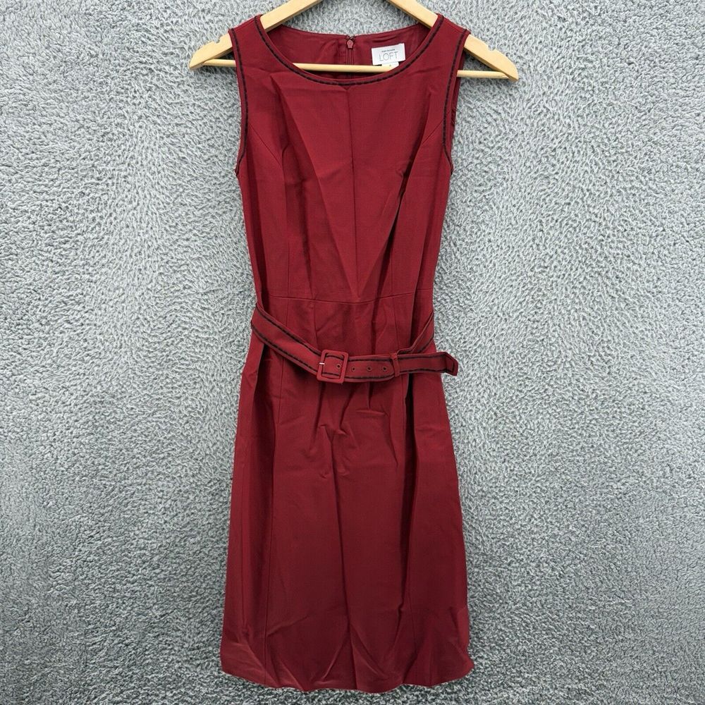 Ann Taylor LOFT Women's Red Belted Sheath Dress Size 0 Knee‎ Length Wool Blend